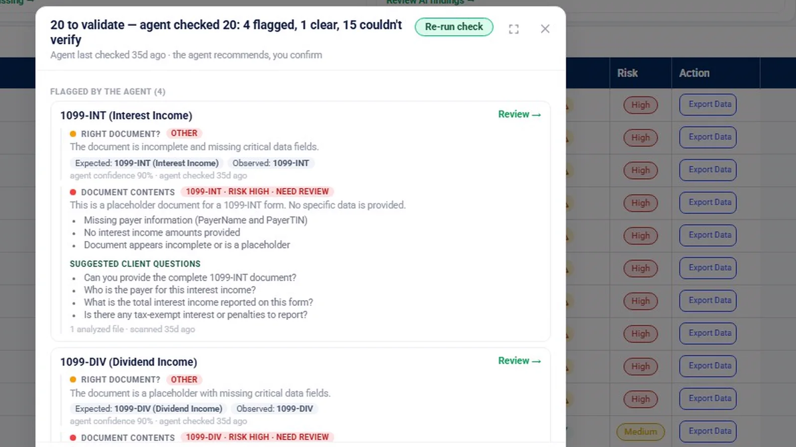 The validation panel for 20 items, showing what the completeness agent flagged, cleared or could not verify.