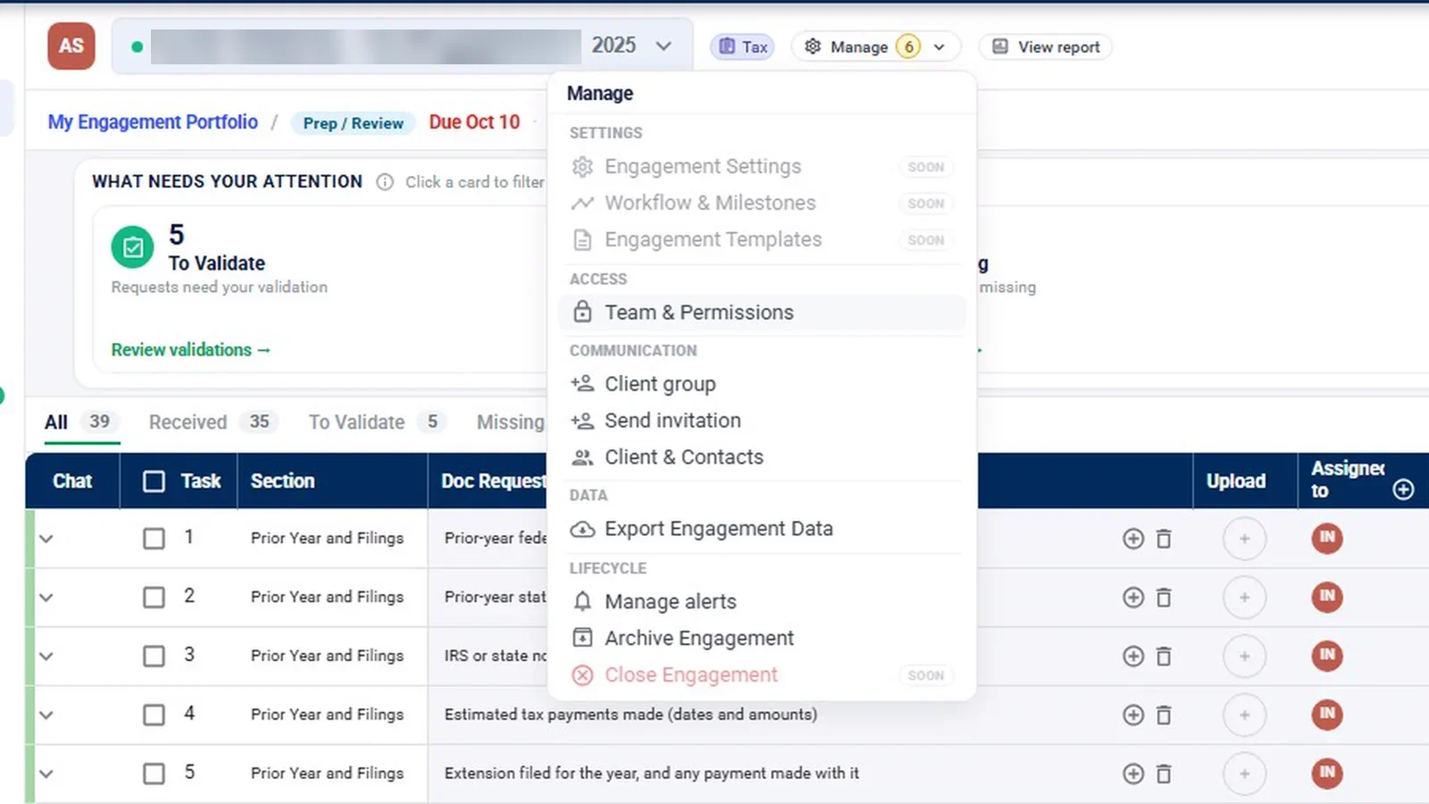 Engagement Manage menu with Team and Permissions, Send invitation and Client and Contacts