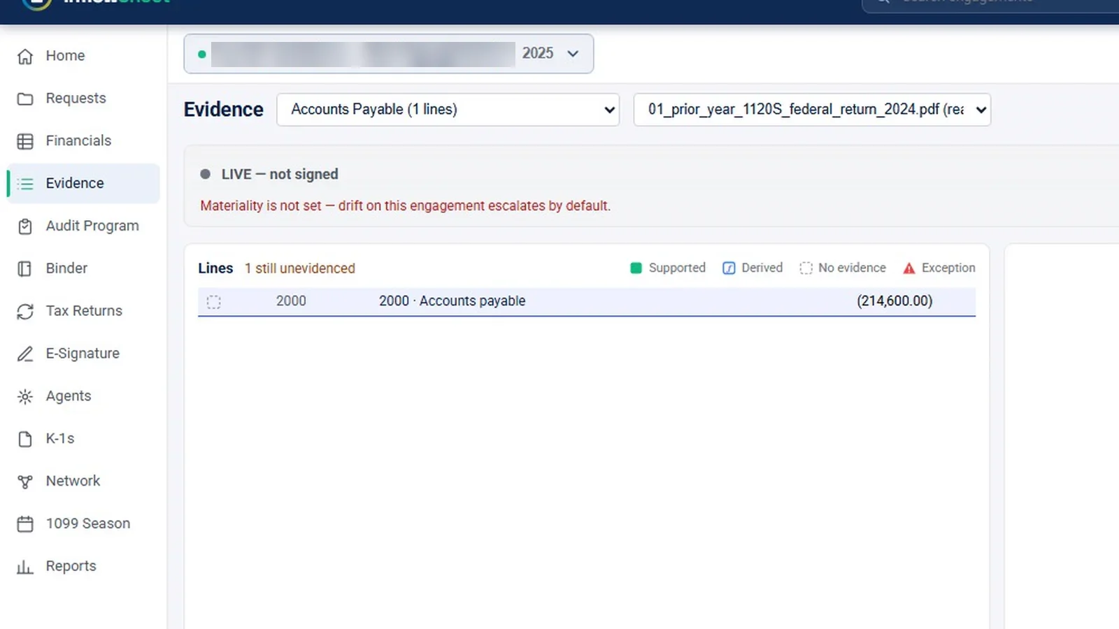 The Evidence page with a lead schedule line selector, a source document selector and an accounts payable line with no evidence yet.