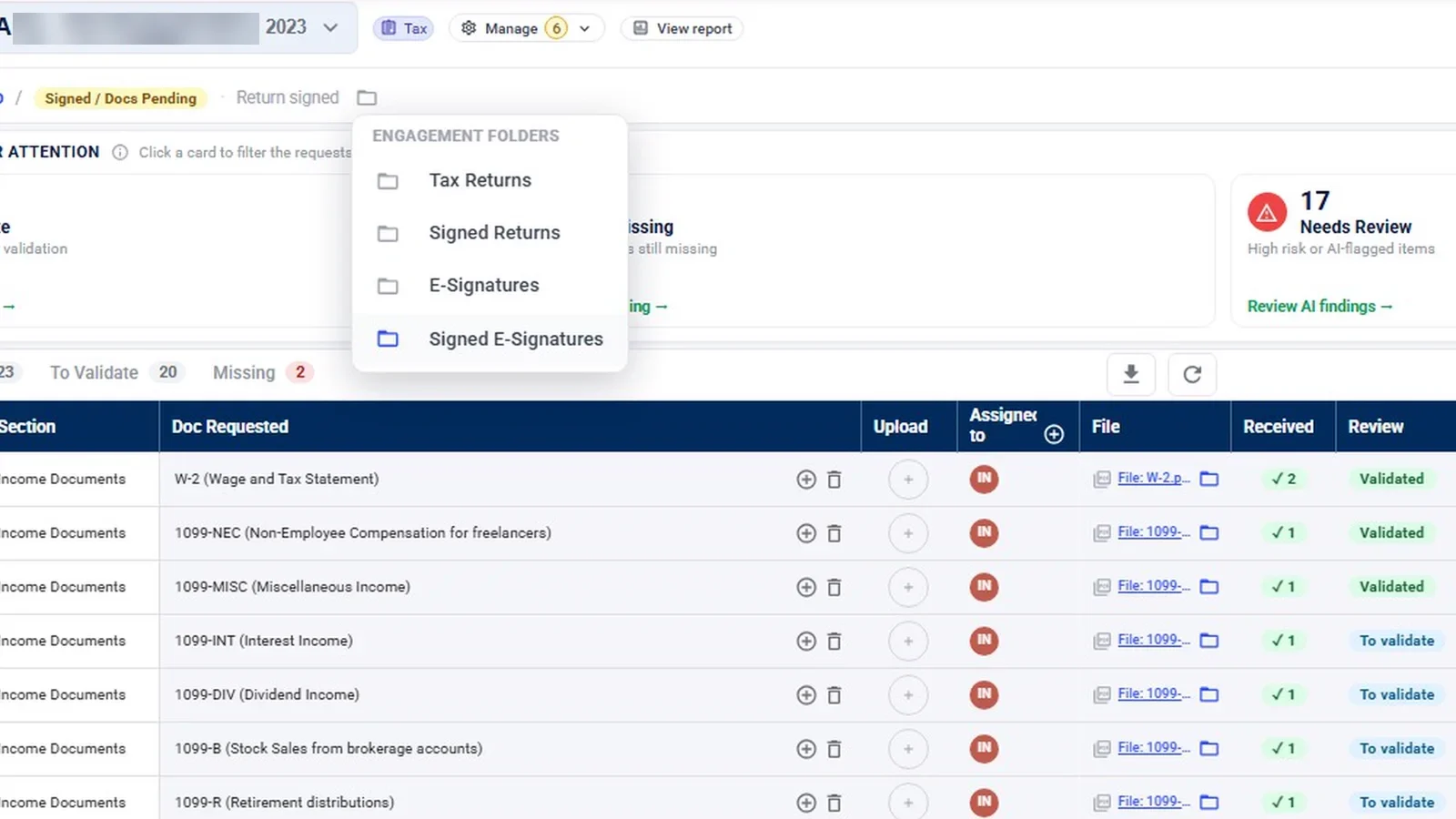 Engagement folders menu listing Tax Returns, Signed Returns, E-Signatures and Signed E-Signatures