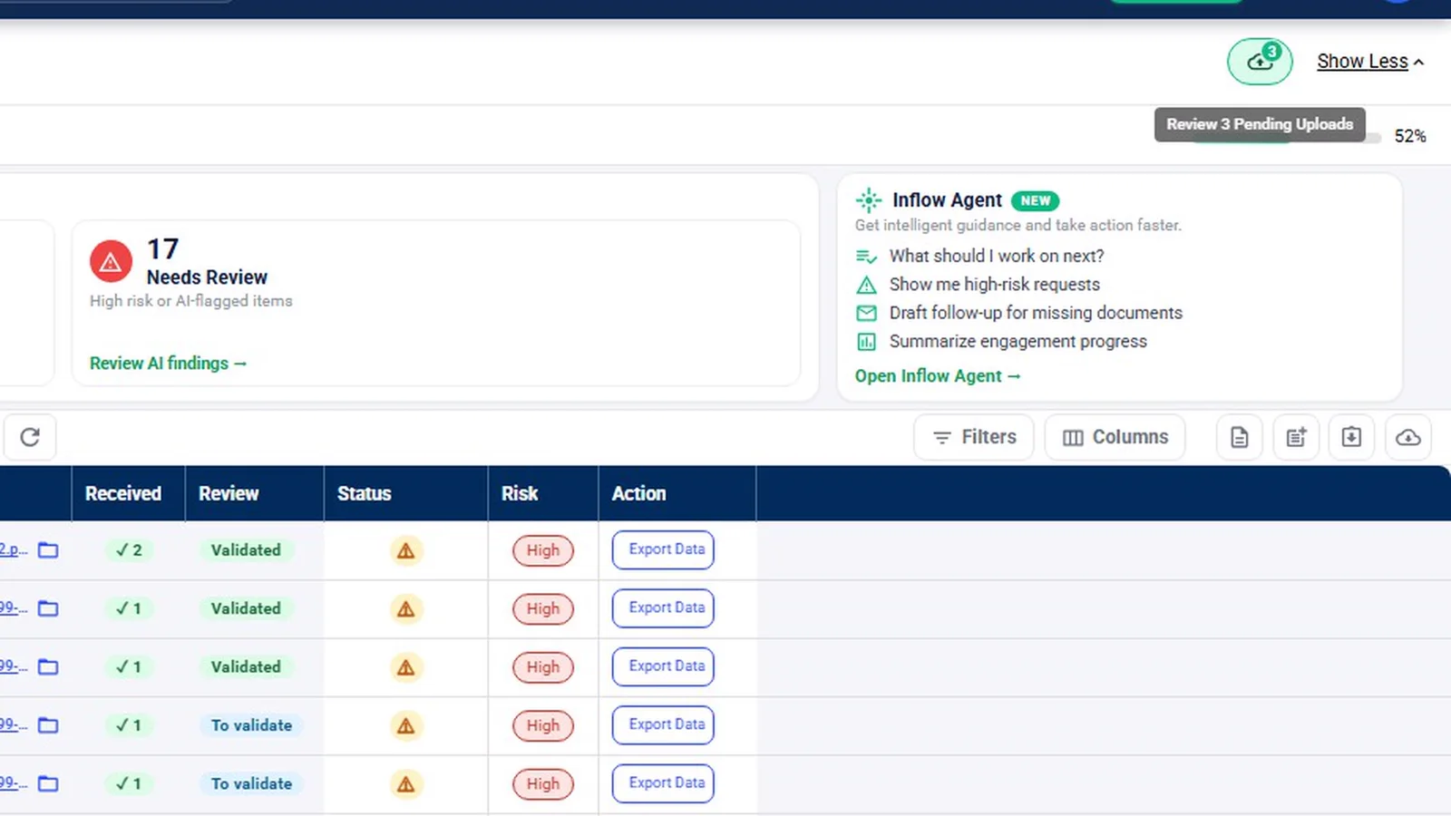 Pending uploads badge with Review 3 Pending Uploads tooltip on the request list