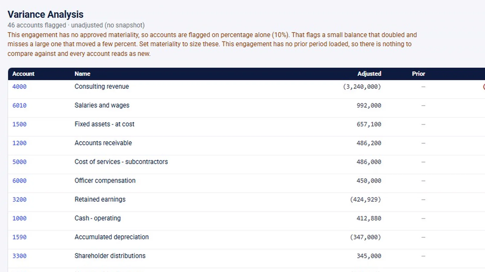 Variance analysis page with materiality warning and account balances table
