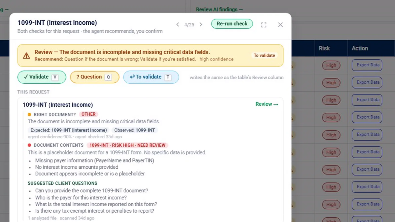 AI completeness check on a 1099-INT showing expected versus observed, findings and suggested client questions
