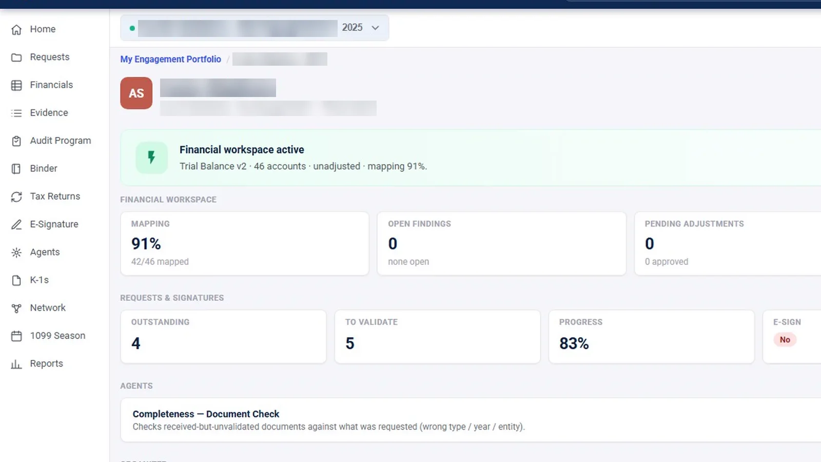 An engagement overview with the full left rail, the financial workspace banner and KPI cards for mapping, requests and progress.